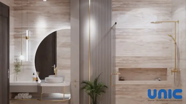 Interior Kamar Mandi Mewah Wisata Bukit Mas Surabaya: Elegan dengan Aksen Emas & Kayu